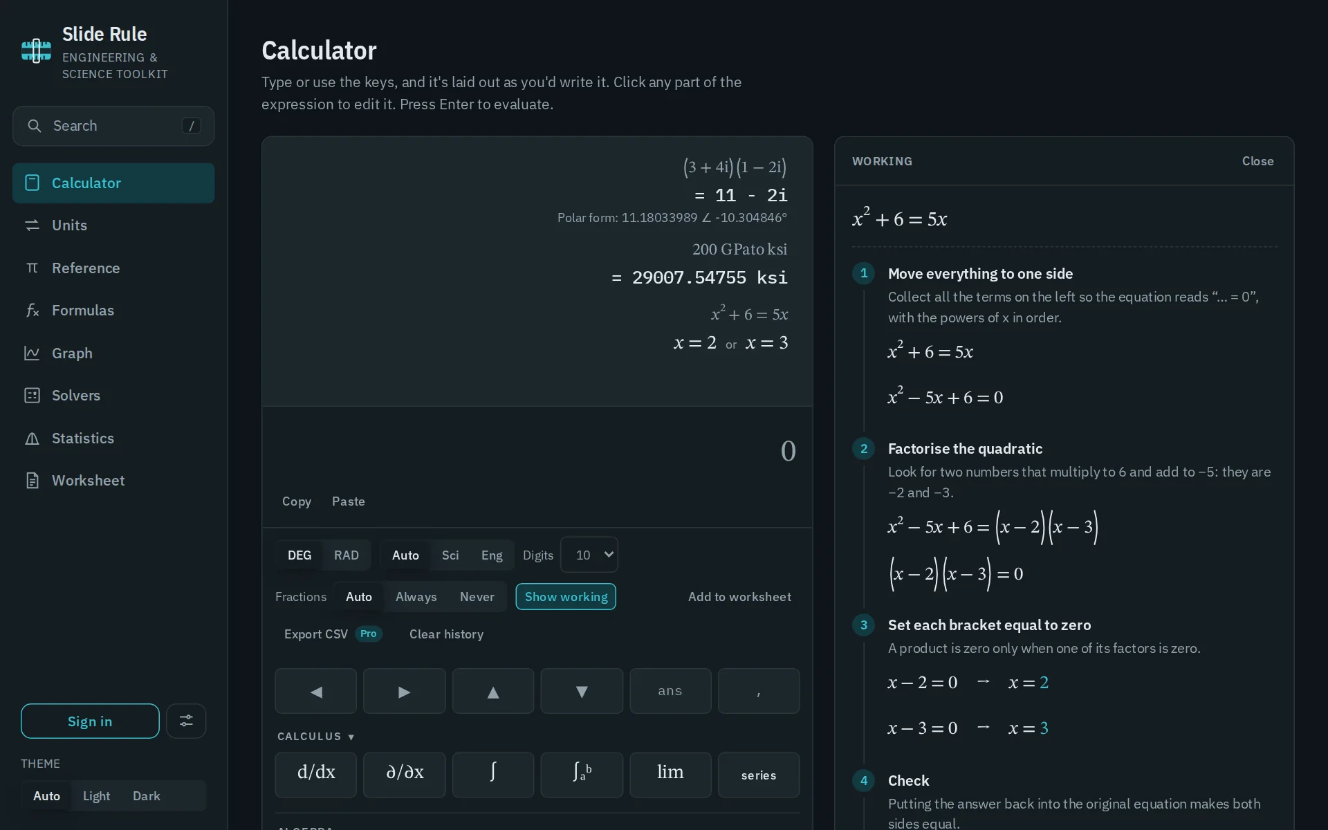 The Slide Rule calculator solving x squared plus 6 equals 5x, with the working panel beside it showing each step of factorising the quadratic