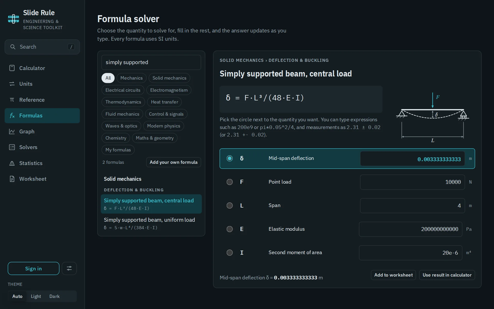 The Slide Rule formula solver with the deflection of a simply supported beam under a central load, solved for the mid-span deflection from the load, span, elastic modulus and second moment of area