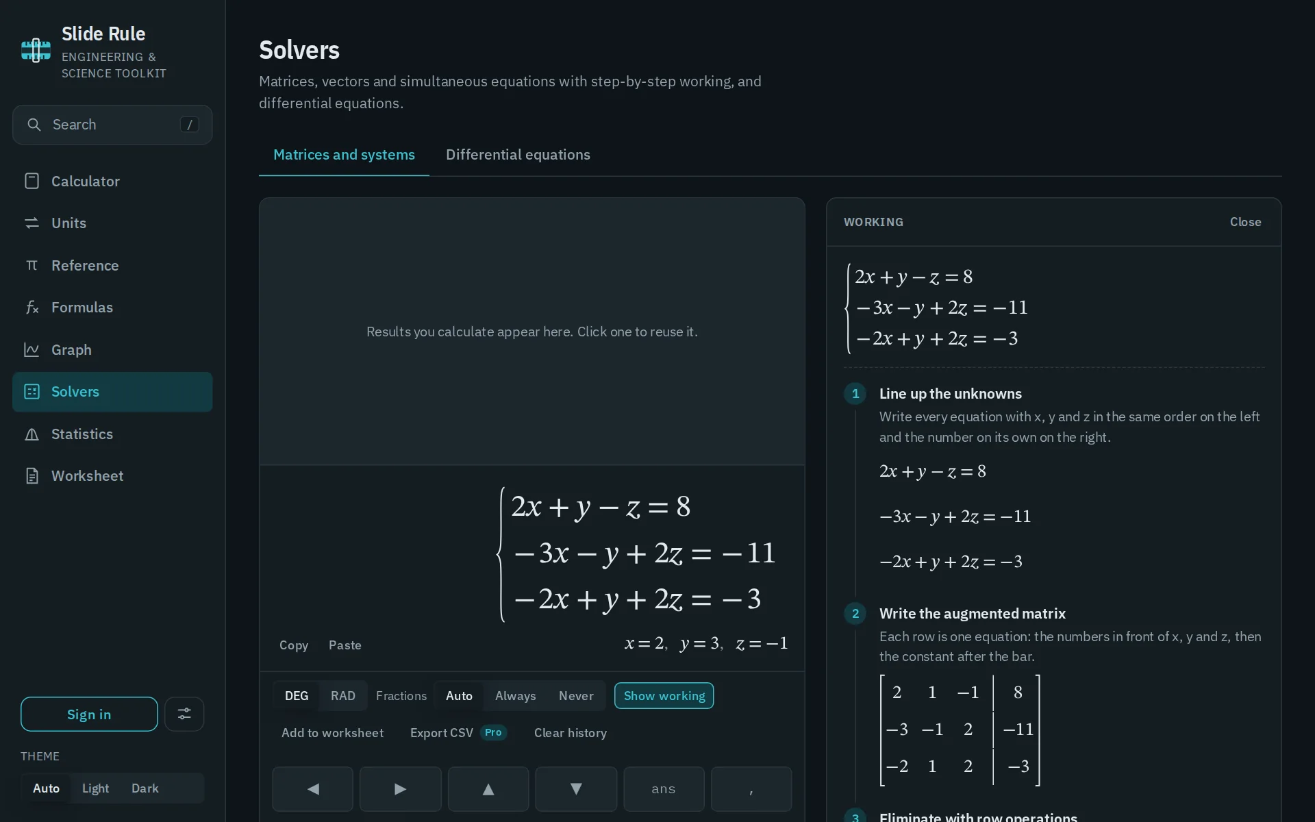 The Slide Rule matrix solver solving three simultaneous equations, with the working panel showing the augmented matrix and the row operations